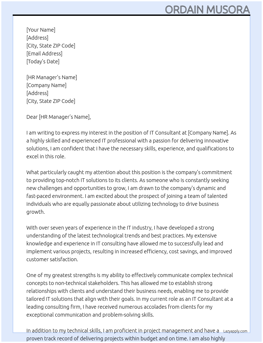 IT Consultant At N/A Cover Letter