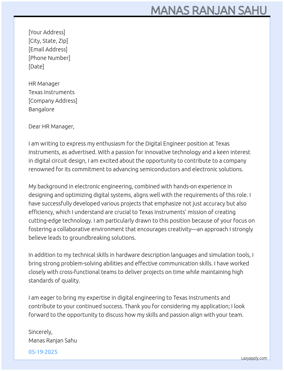 Digital Engineer At Texa Instrument  Cover Letter