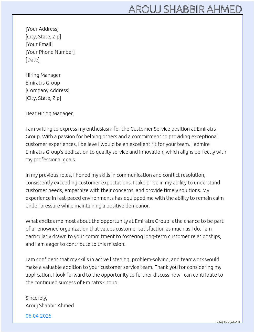 Customer service At Emiratrs group Cover Letter