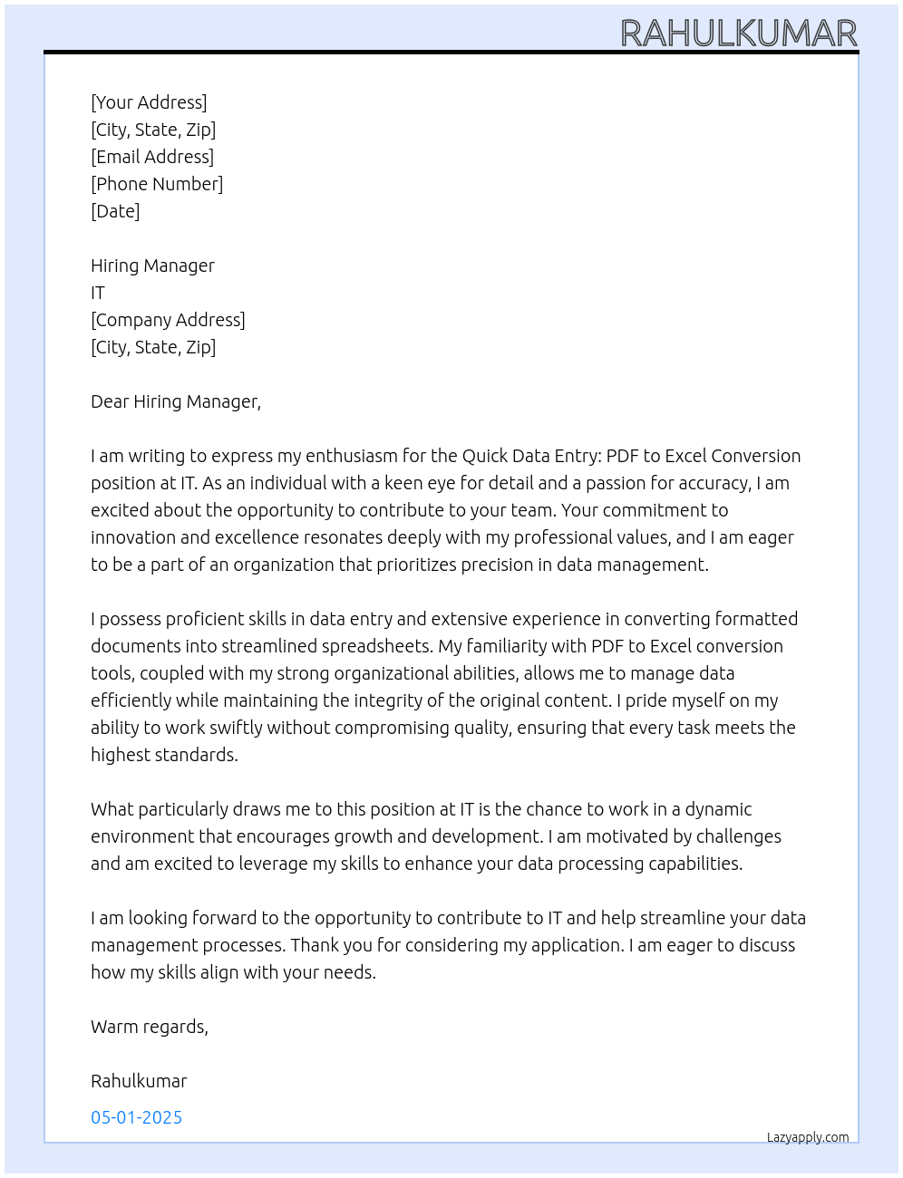 Quick Data Entry: PDF to Excel Conversion At IT Cover Letter