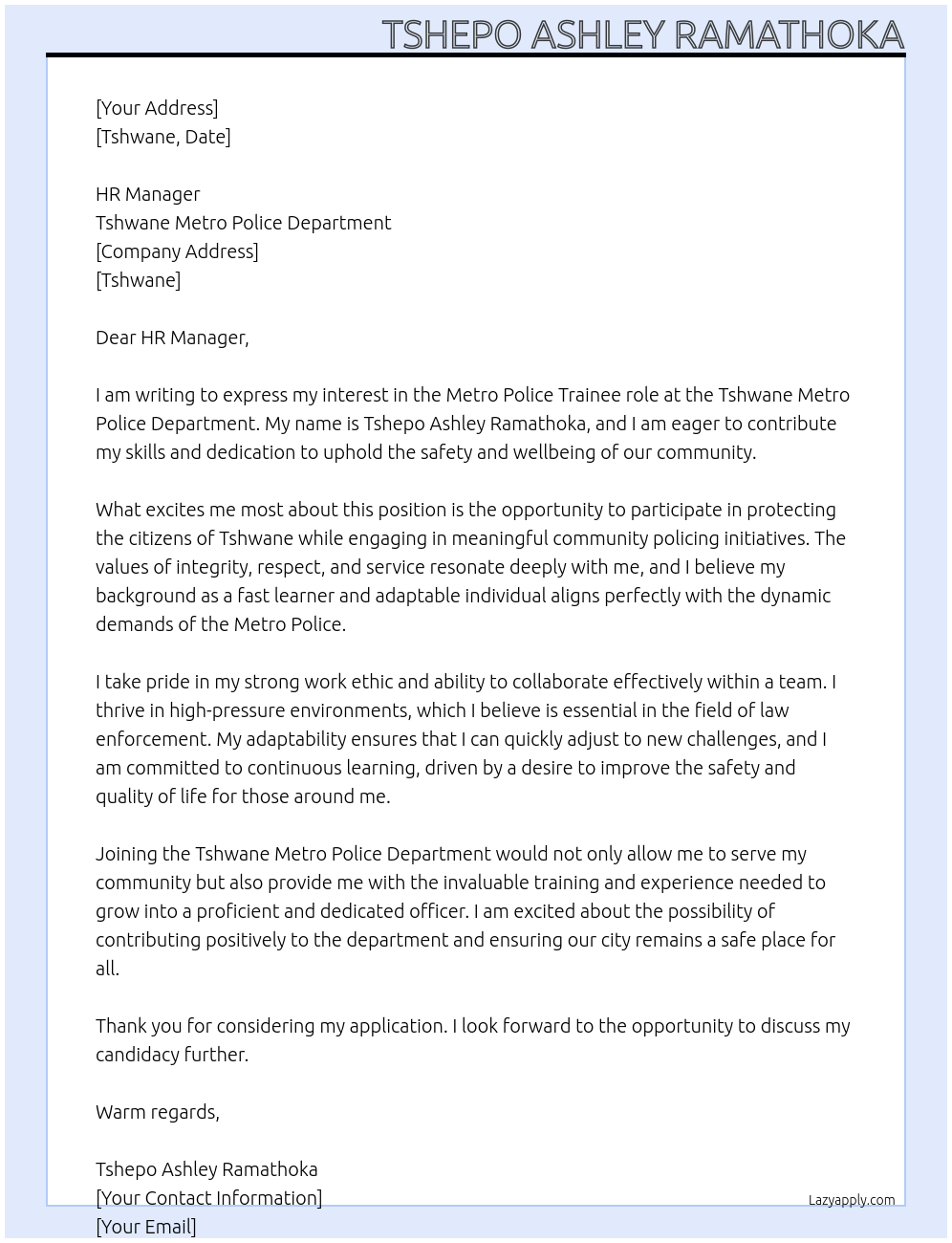 Metro police At Tshwane metro police department Cover Letter