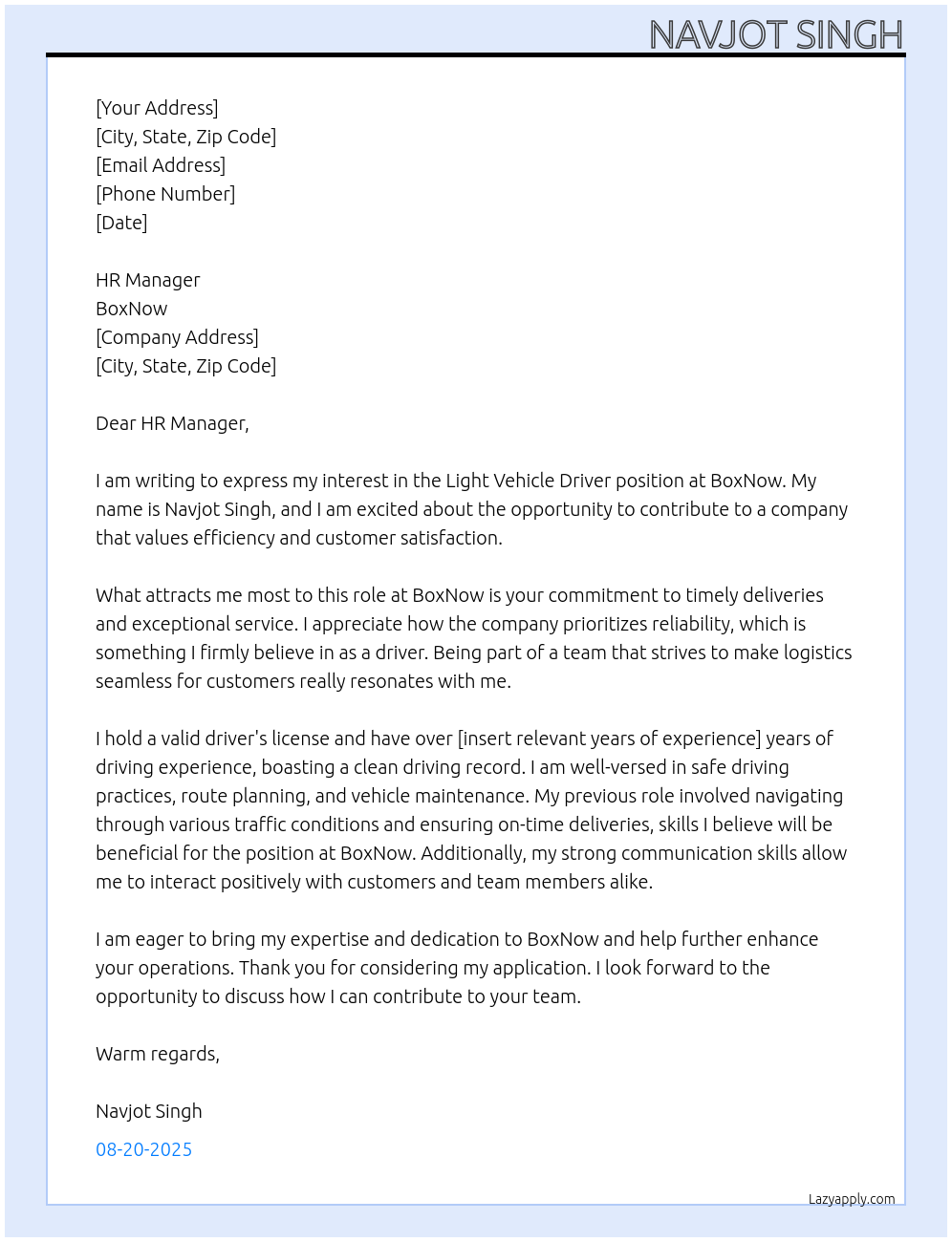 LIGHT VEHICLE DRIVER At BOXNOW Cover Letter