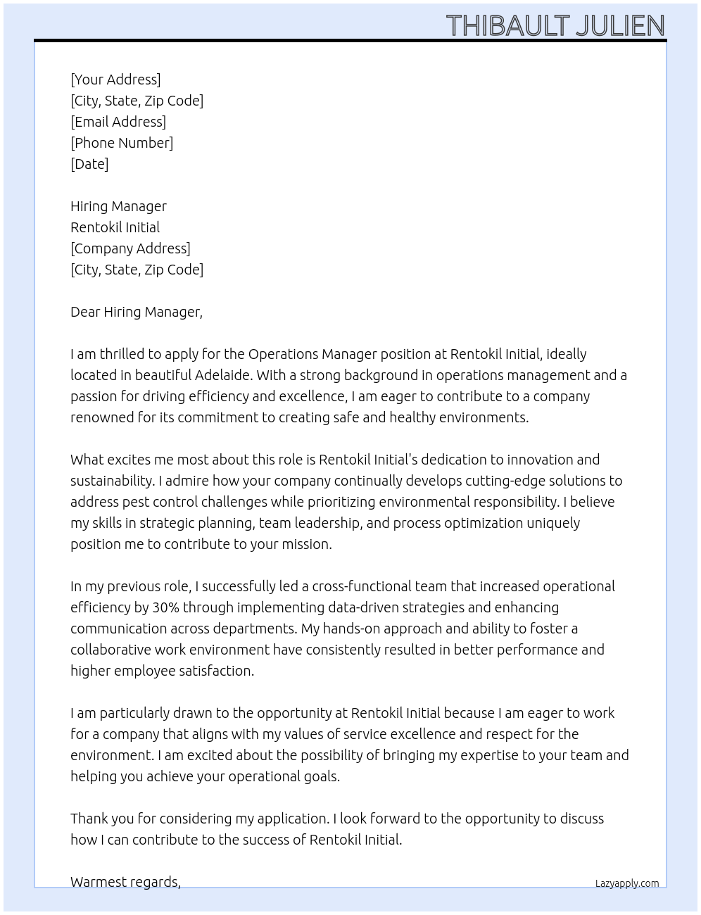 Operations Manager At Rentokil Initial Cover Letter