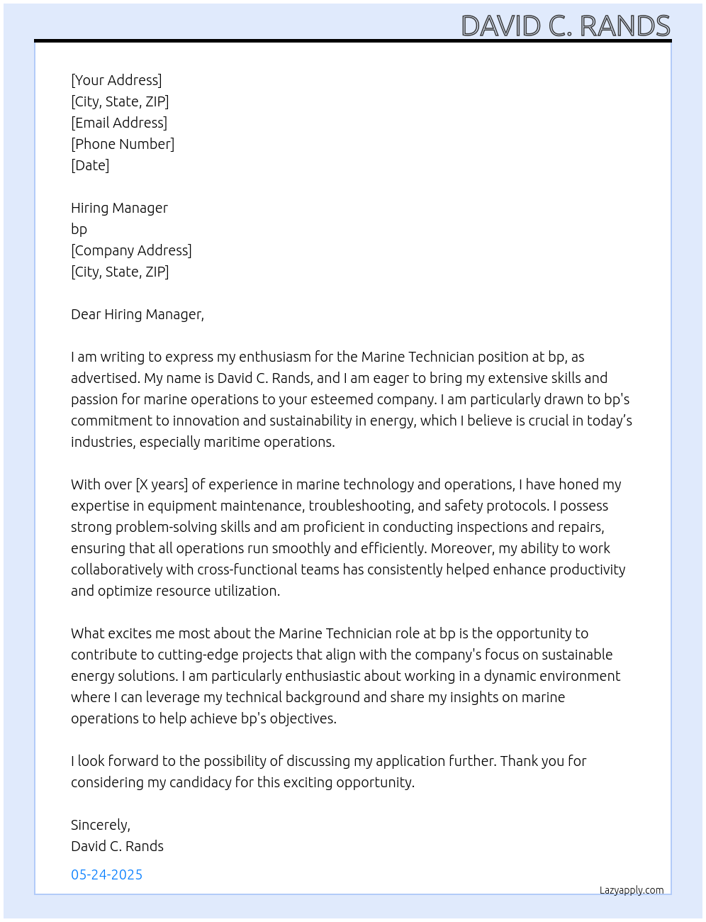 Cover letter for marine technician - LazyApply