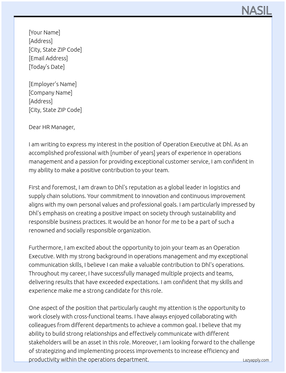 Operation executive  At Dhl Cover Letter