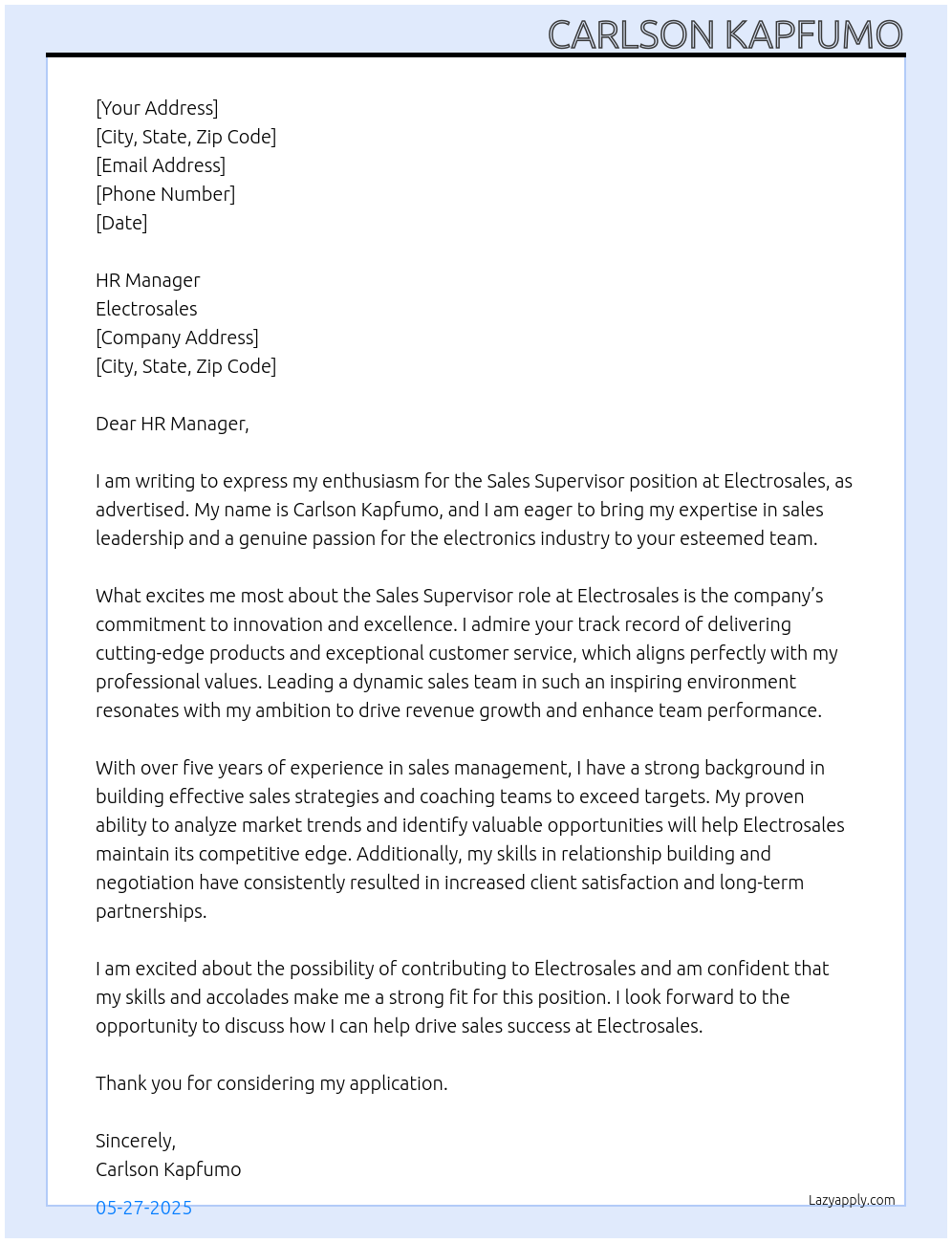 SALES SUPERVISOR At ELECTROSALES Cover Letter