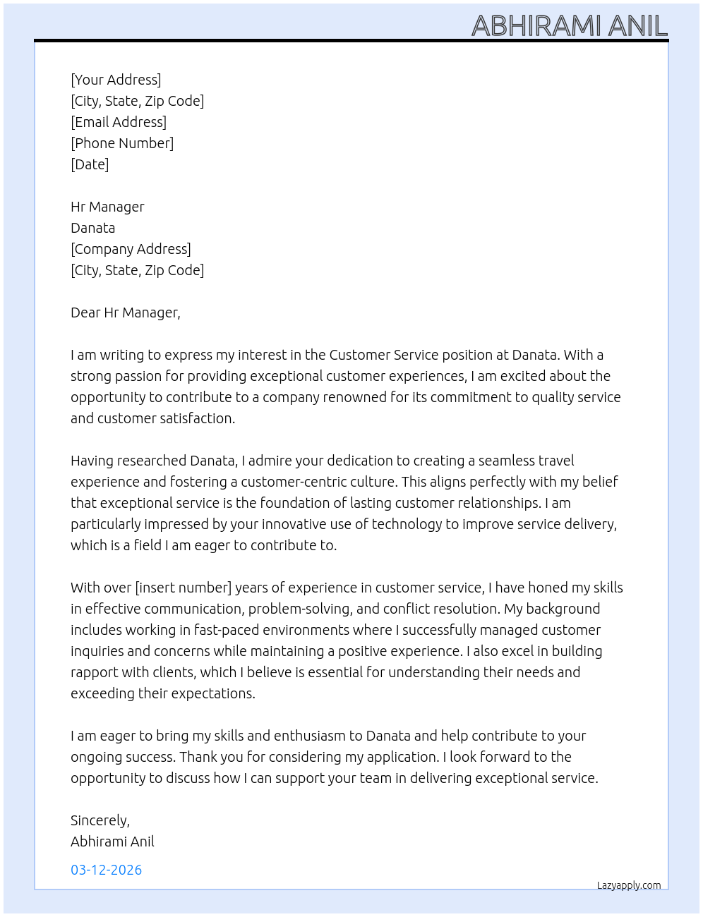 customer service  At Danata Cover Letter