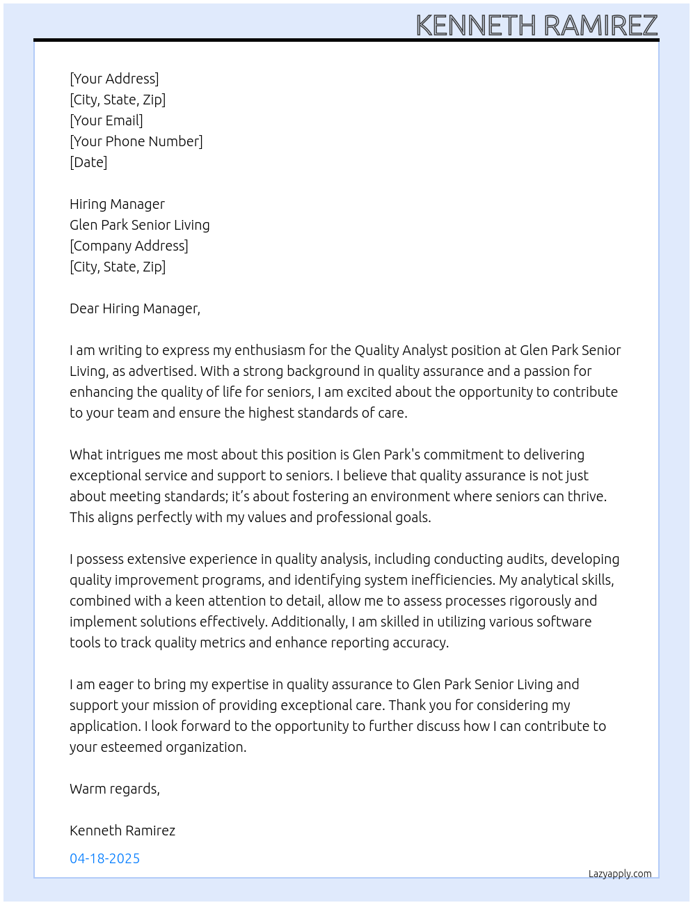 Quality Analyst At Glen Park Senior Living Cover Letter