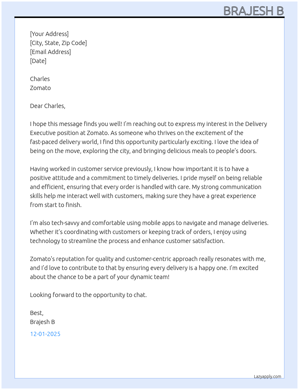 Delivery Executive At Zomato Cover Letter