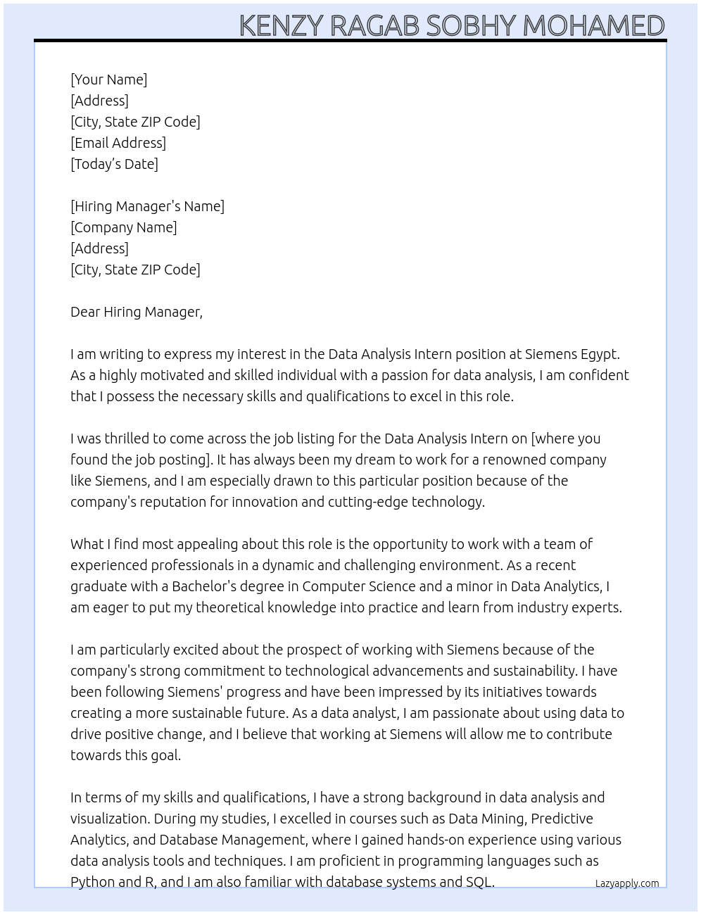 Data Analysis Intern At Siemens Egypt Cover Letter