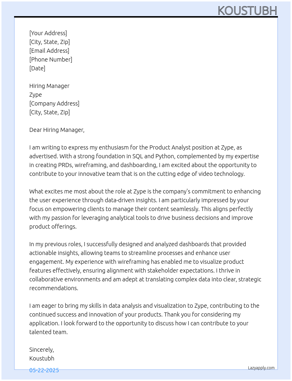 Cover letter for product analyst - LazyApply