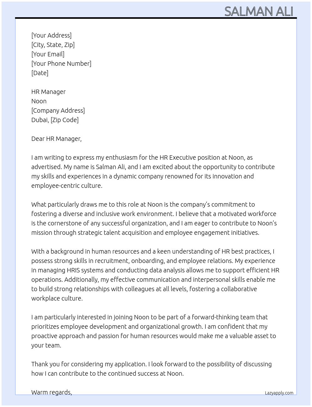 HR EXECUTIVE At Noon Cover Letter