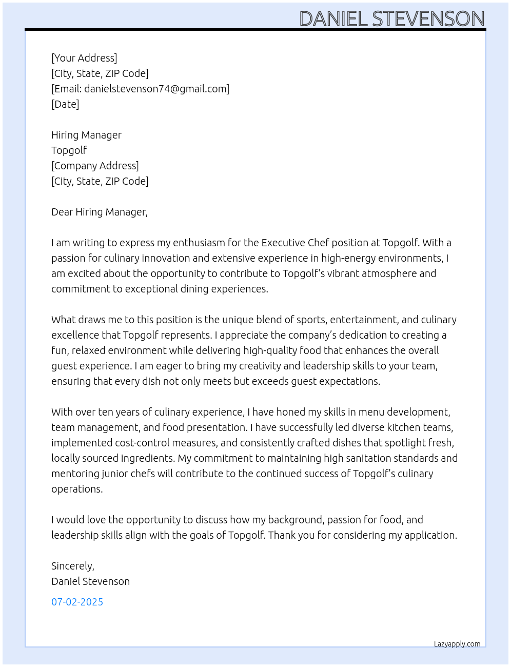 Executive chef At Top golf  Cover Letter