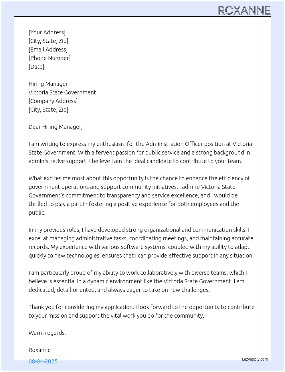 Administration Officer At Victoria State Government Cover Letter