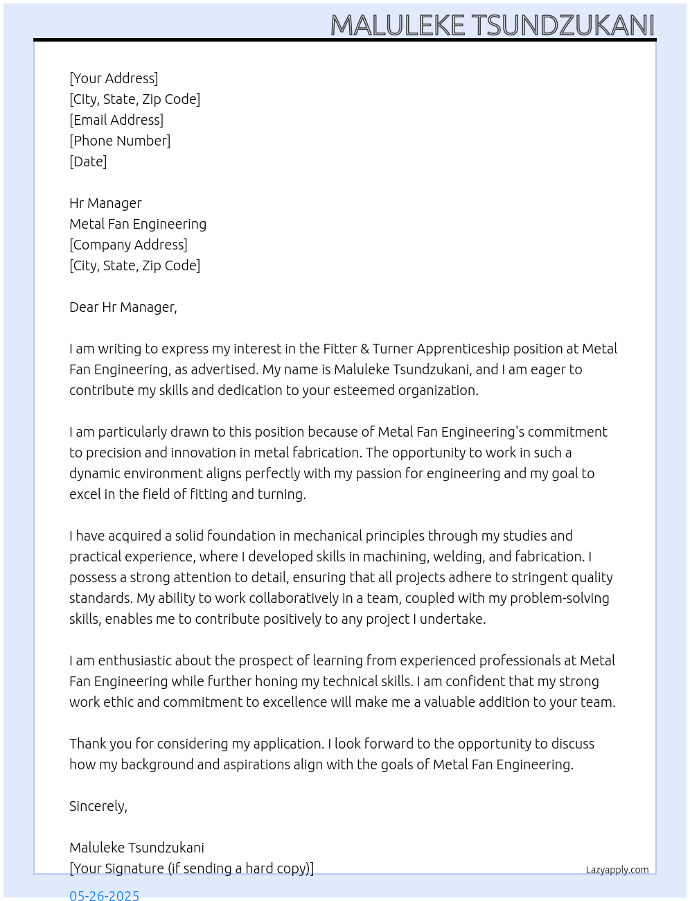 Fitter & Turner Apprenticeship At Metal Fan Engineering Cover Letter