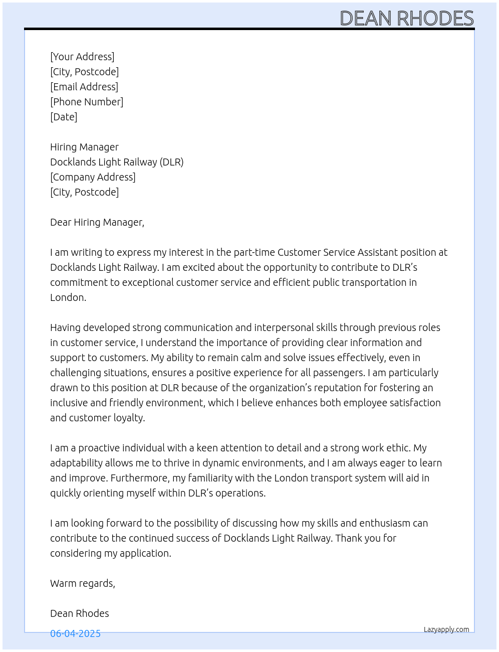 Customer service assistant At Docklands Light Railway (DLR) Cover Letter