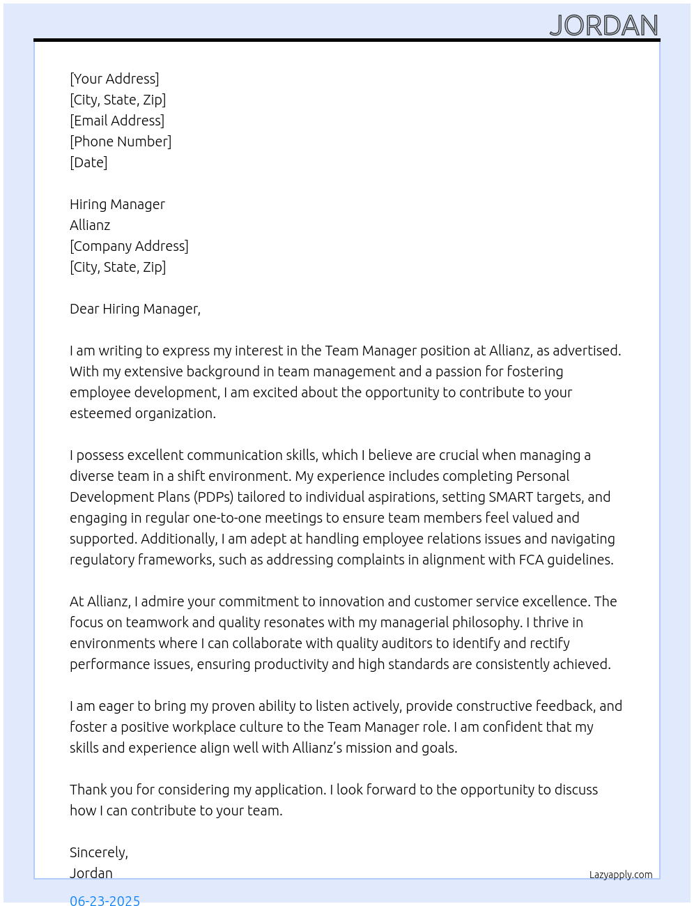 Cover letter for team manager - LazyApply