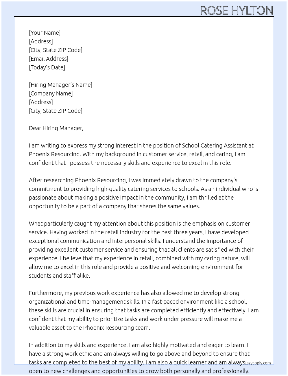 Cover letter for school catering assistant - LazyApply