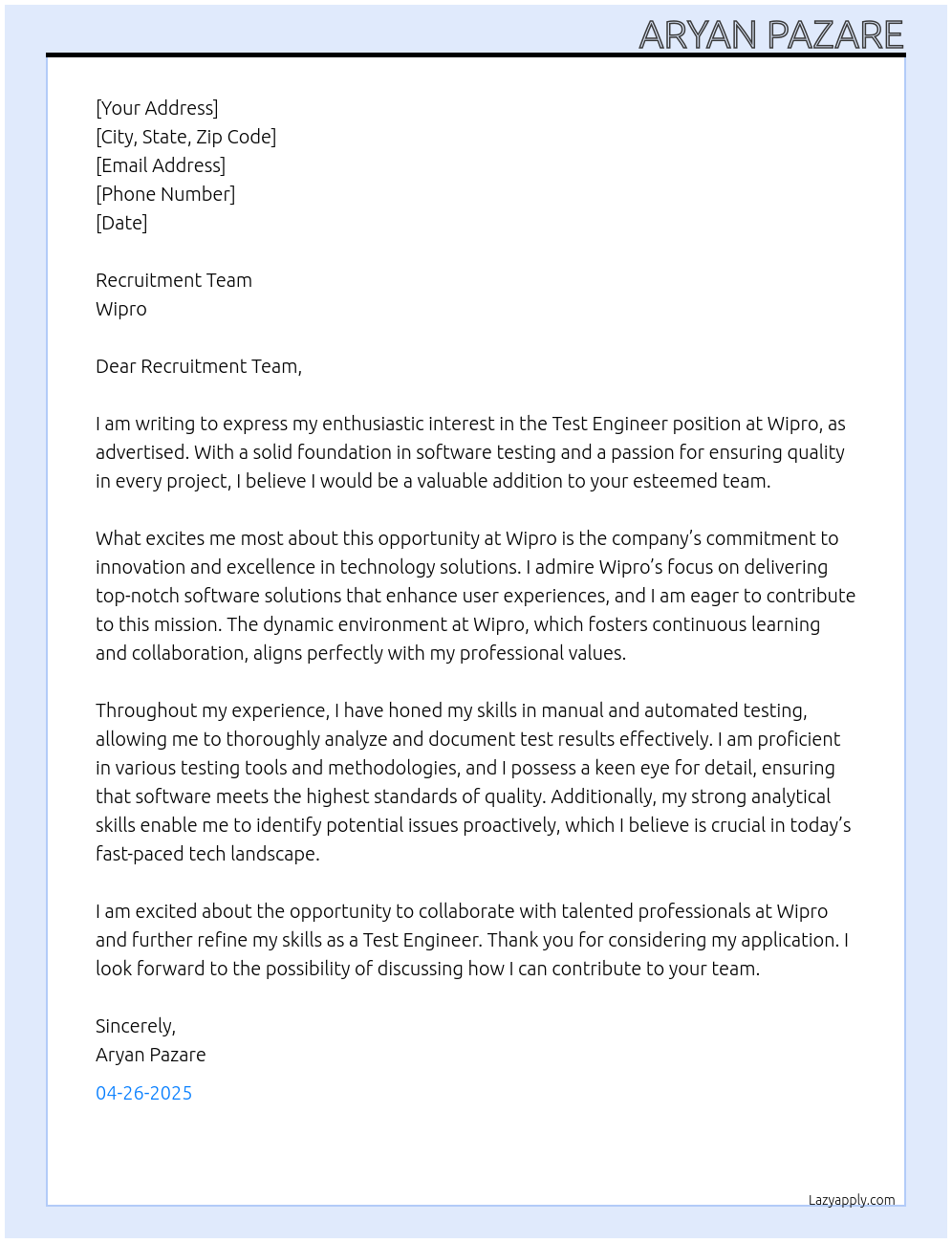 Cover letter for test engineer - LazyApply