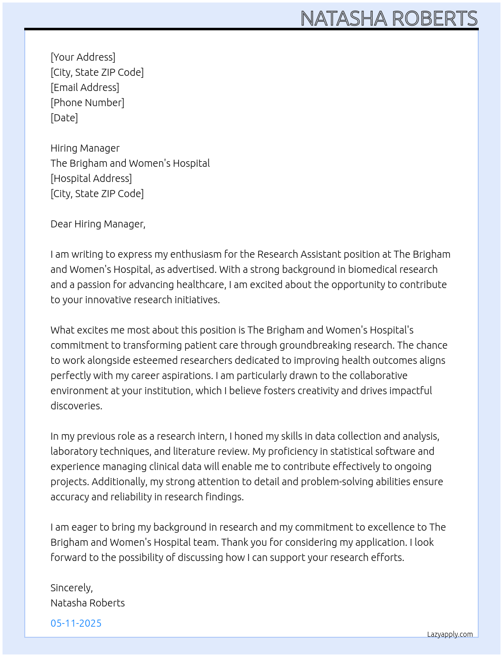 Research Assistant At The Brigham and Women's Hospital Cover Letter