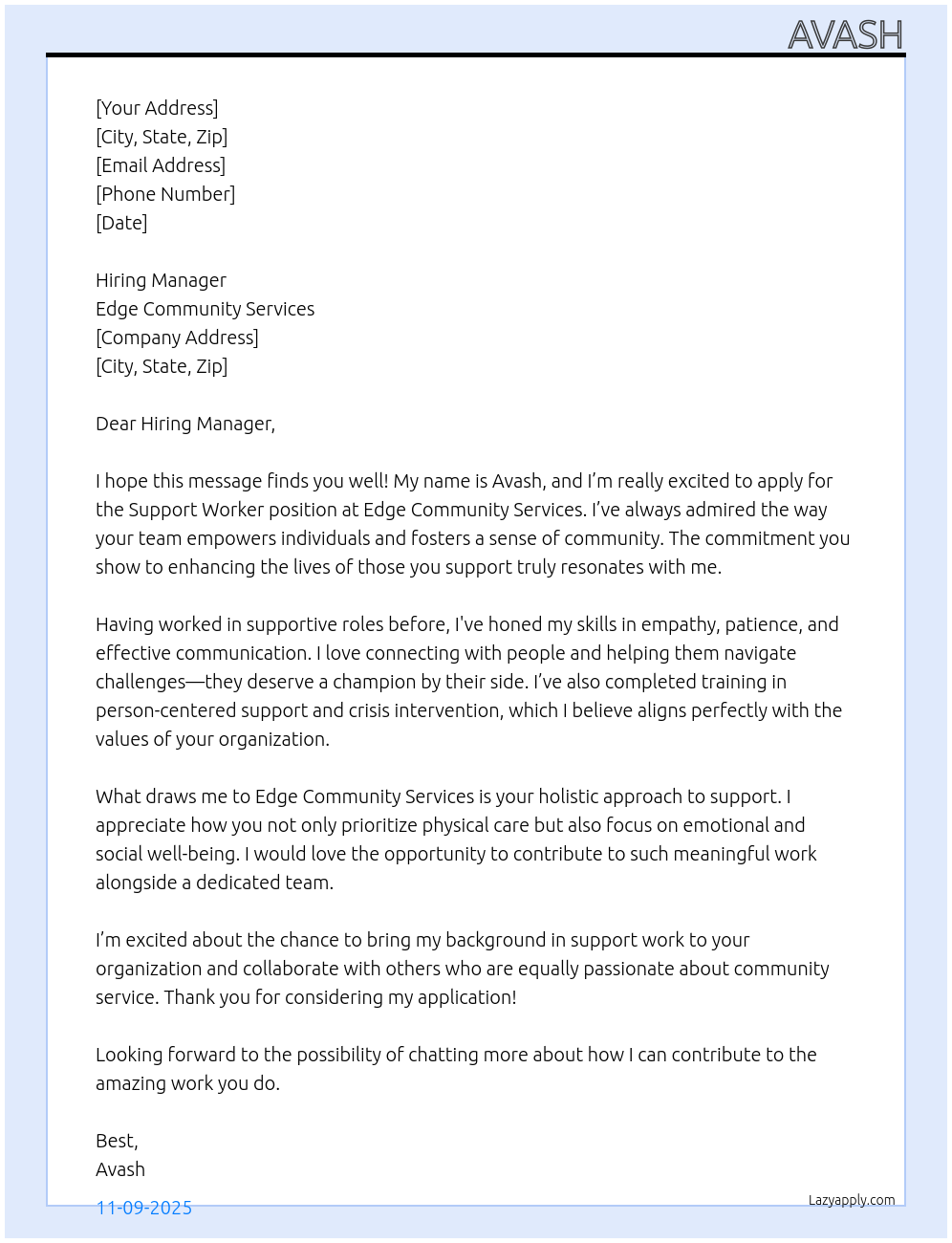 Support worker At Edge Community services Cover Letter