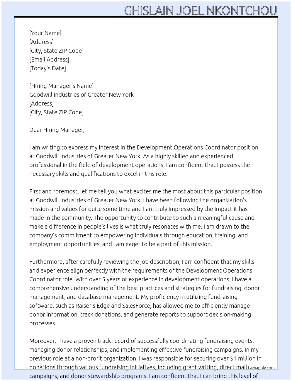Development Operations Coordinator At Goodwill Industries Of Greater New York Cover Letter
