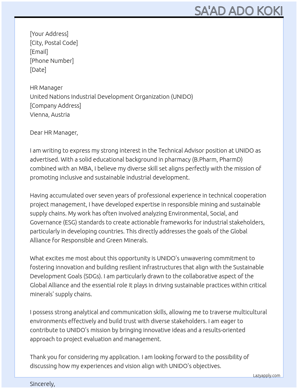 Technical Advisor At United Nations Industrial Development Organization (UNIDO) Cover Letter