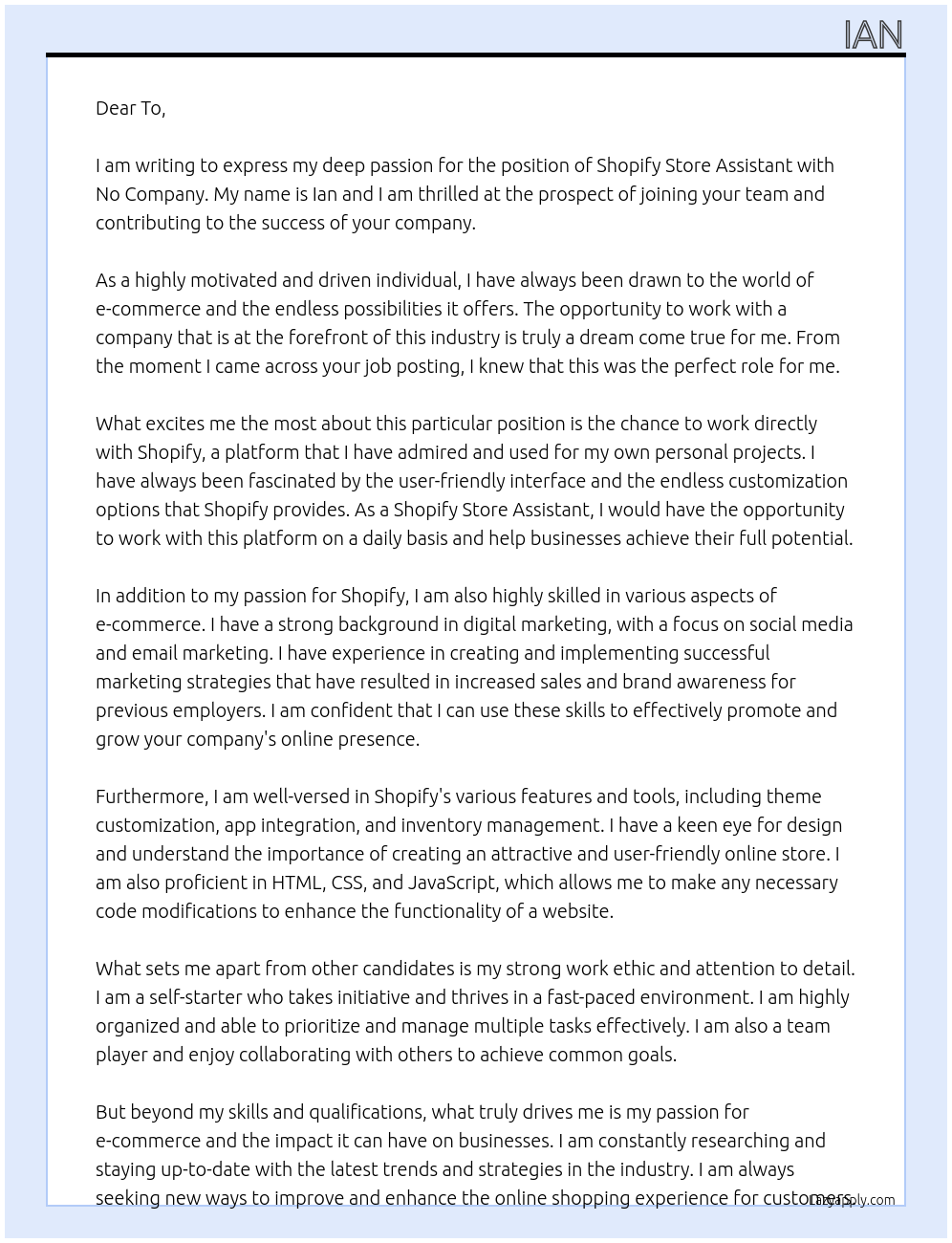 Cover letter for shopify store assistant - LazyApply