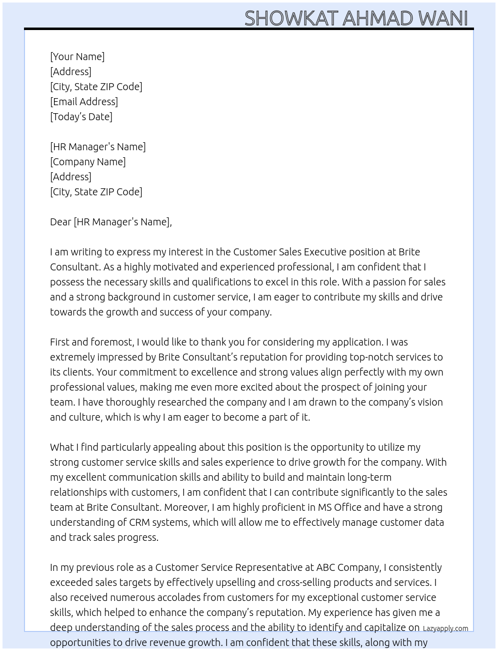 Customer Sales Executive  At Brite Consultant  Cover Letter