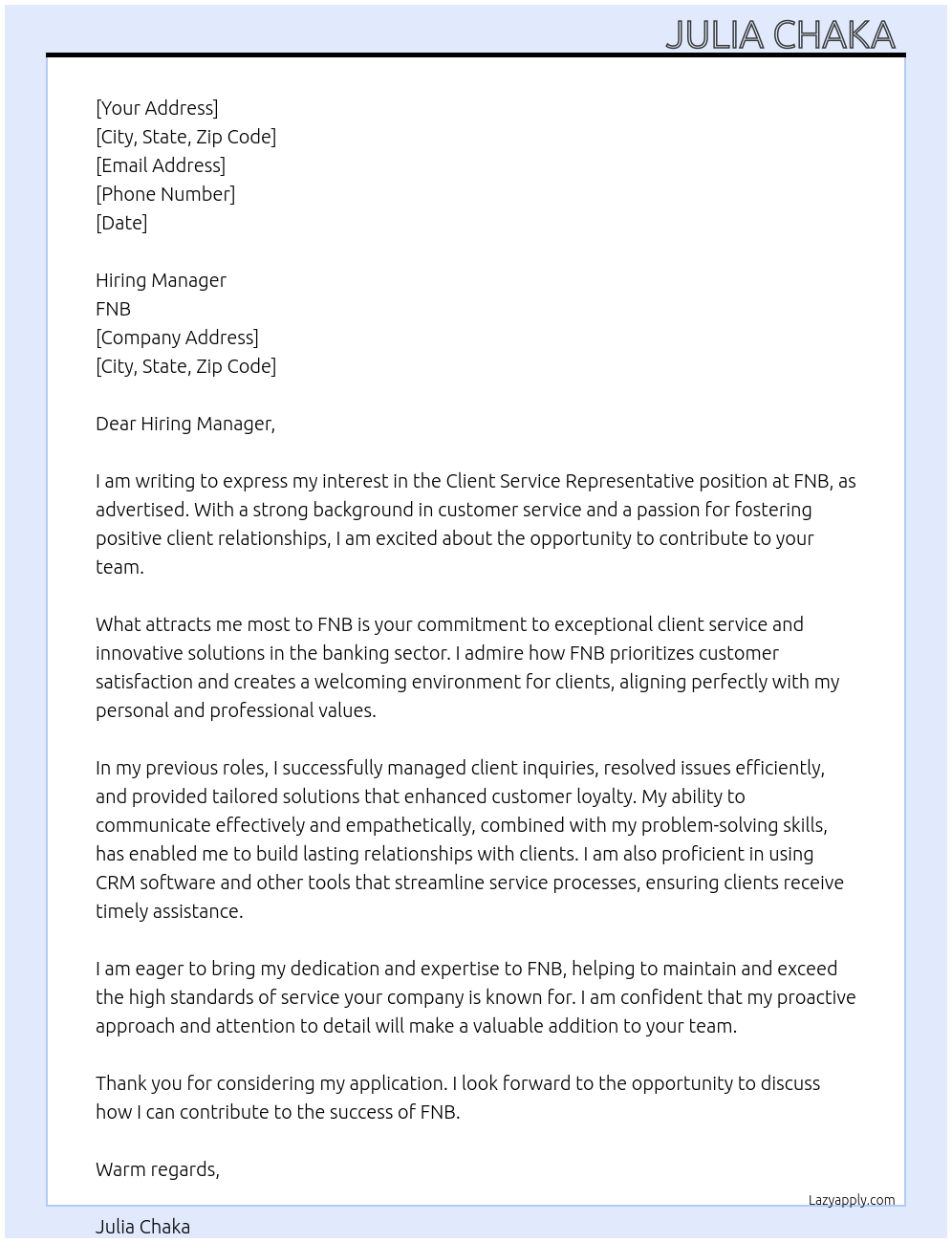 Client service representative At FNB Cover Letter