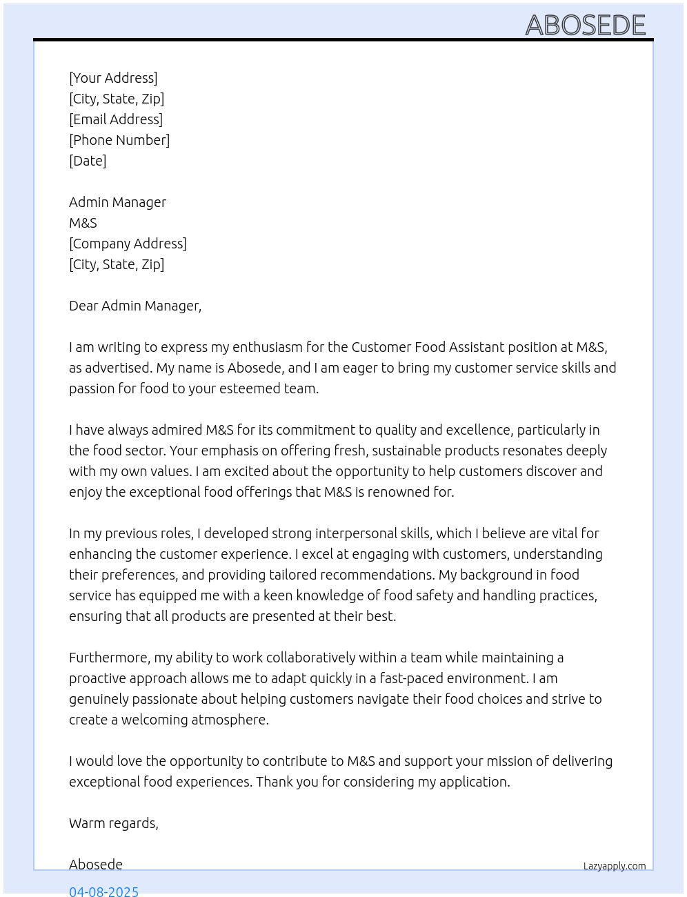 Customer food assistant At M&S Cover Letter