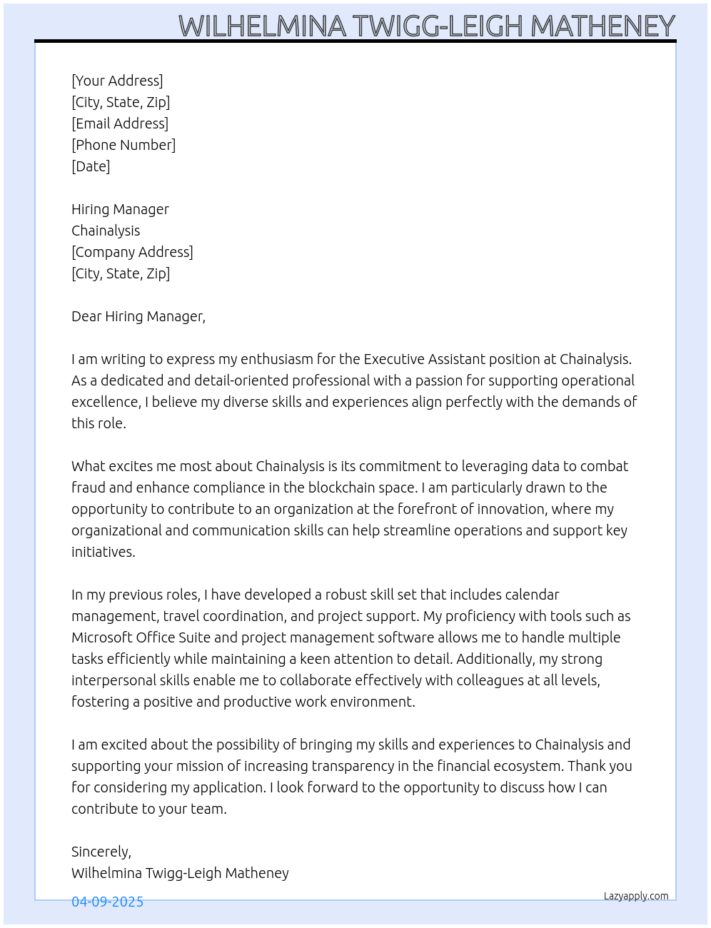 Executive Assistant At Chainalysis Cover Letter