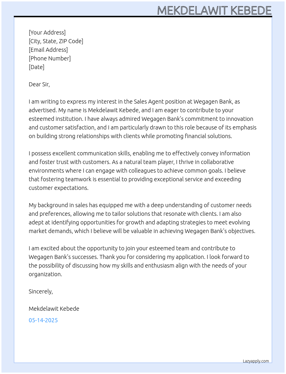 Sales agent At Wegagen bank Cover Letter