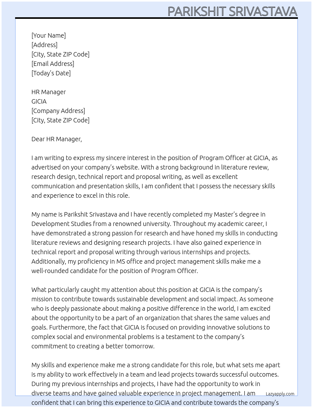 Program officer At GICIA Cover Letter