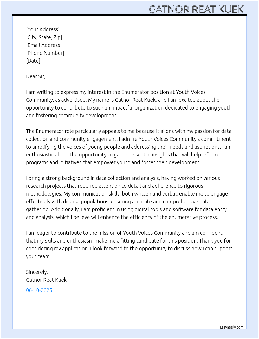 Enumerator At Youth voices community Cover Letter