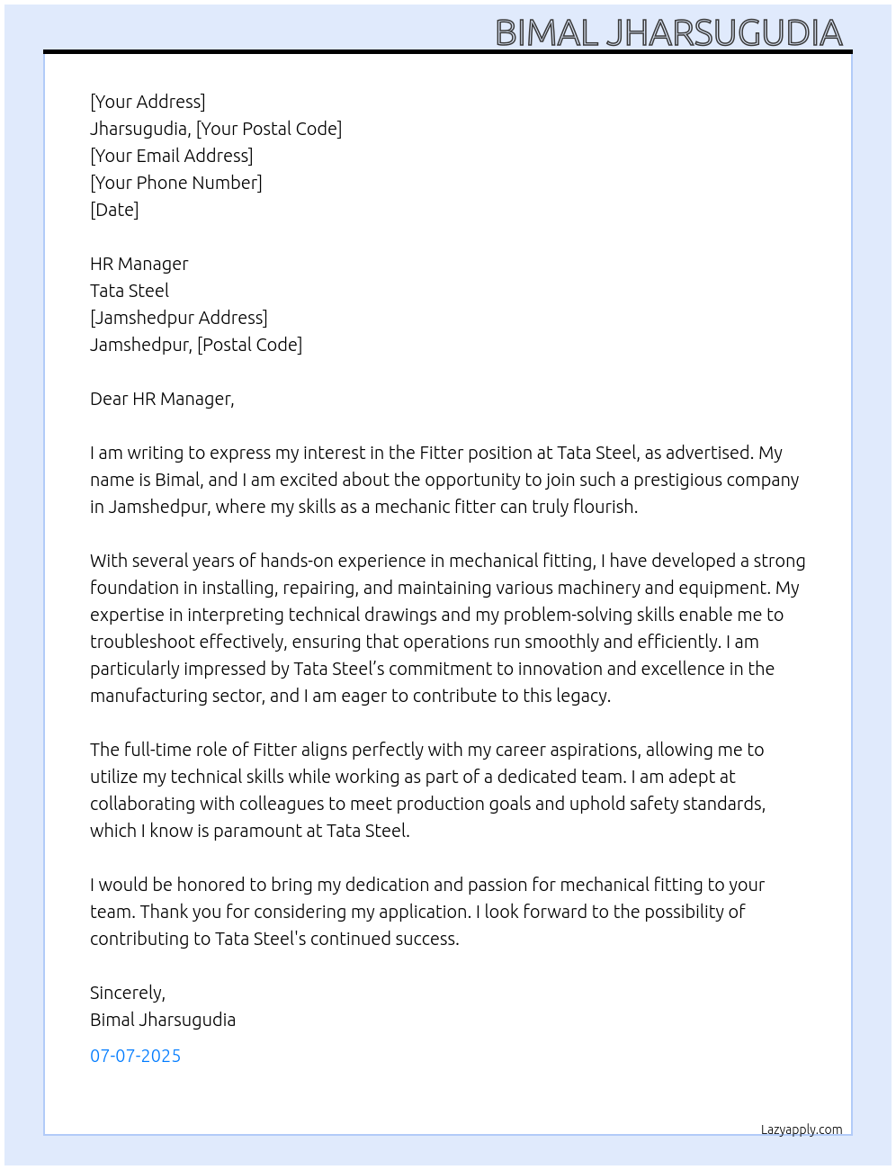 Fitter At Tata steel Cover Letter