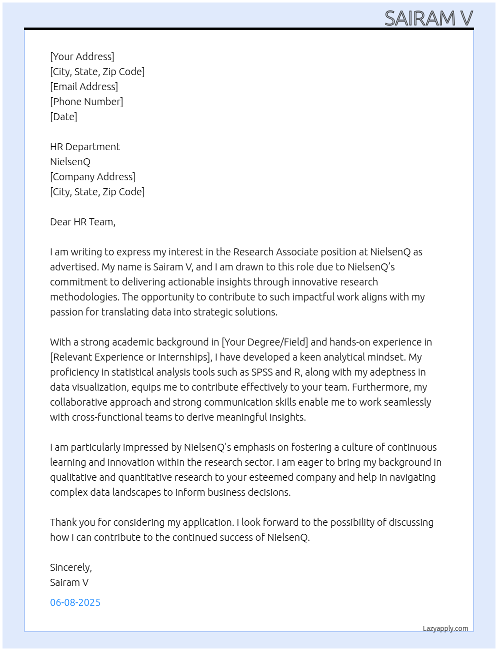 Research Associate At NielsenQ Cover Letter