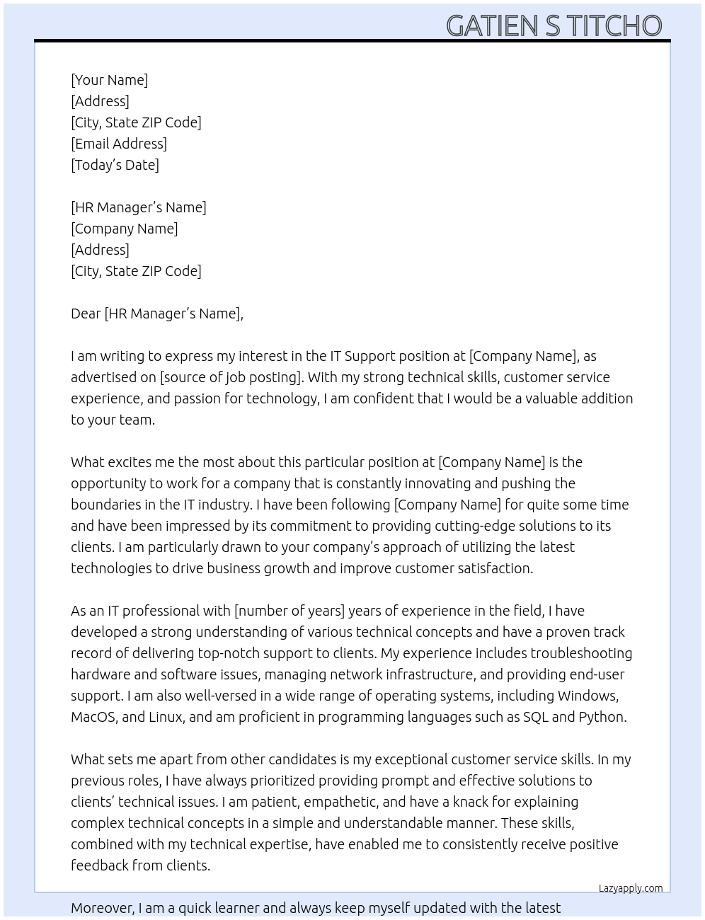 IT Support  At Company Cover Letter