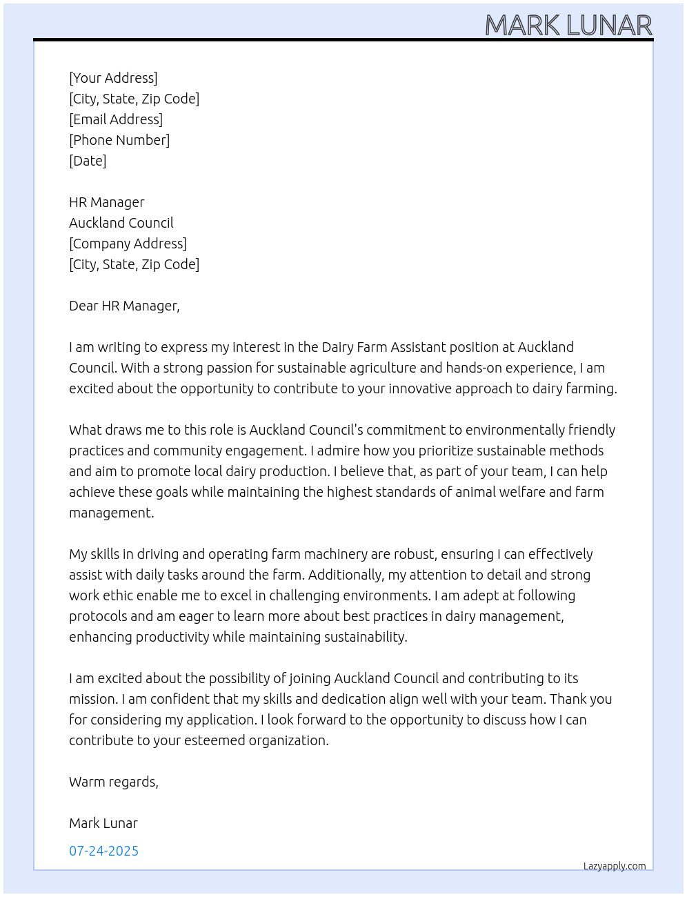 Dairy Farm Assistant At Auckland Council Cover Letter