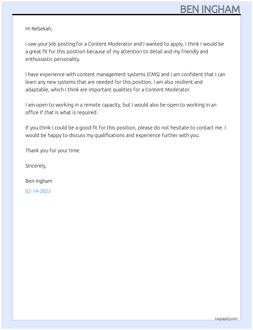 Cover Letter For Content Moderator LazyApply