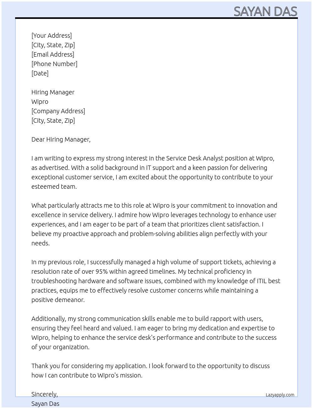 Service Desk Analyst At Wipro Cover Letter