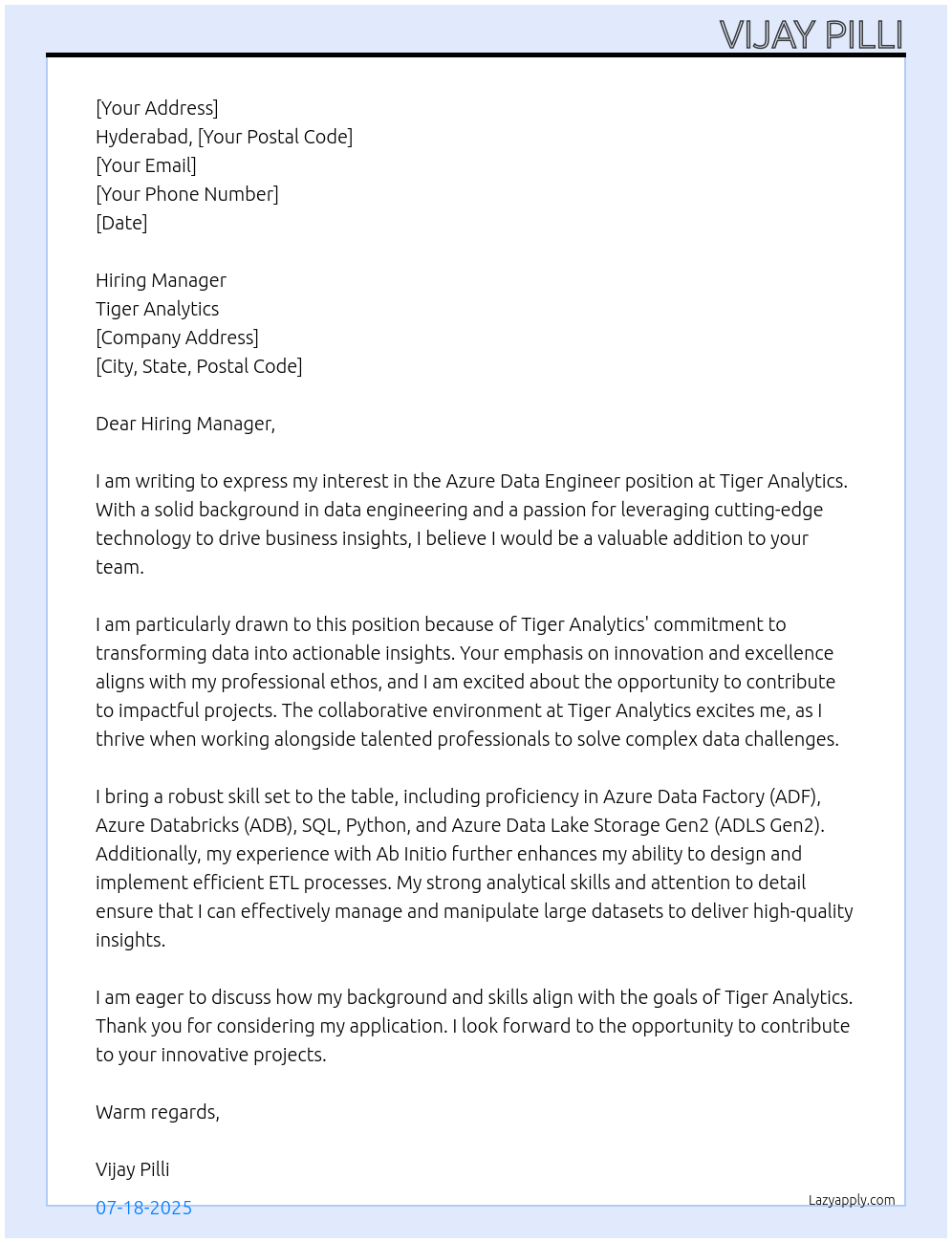 Azure Data Engineer At Tiger Analytics Cover Letter