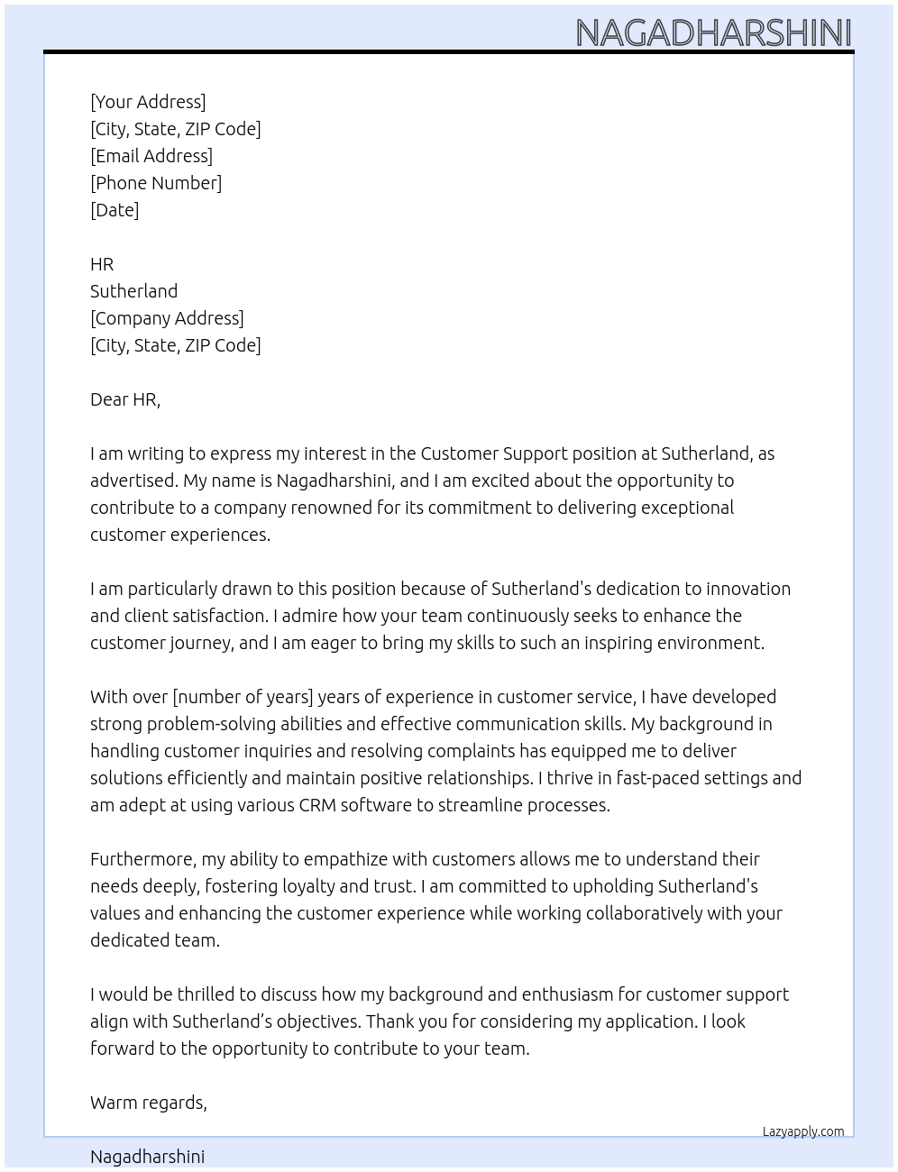 Customer support At Sutherland Cover Letter