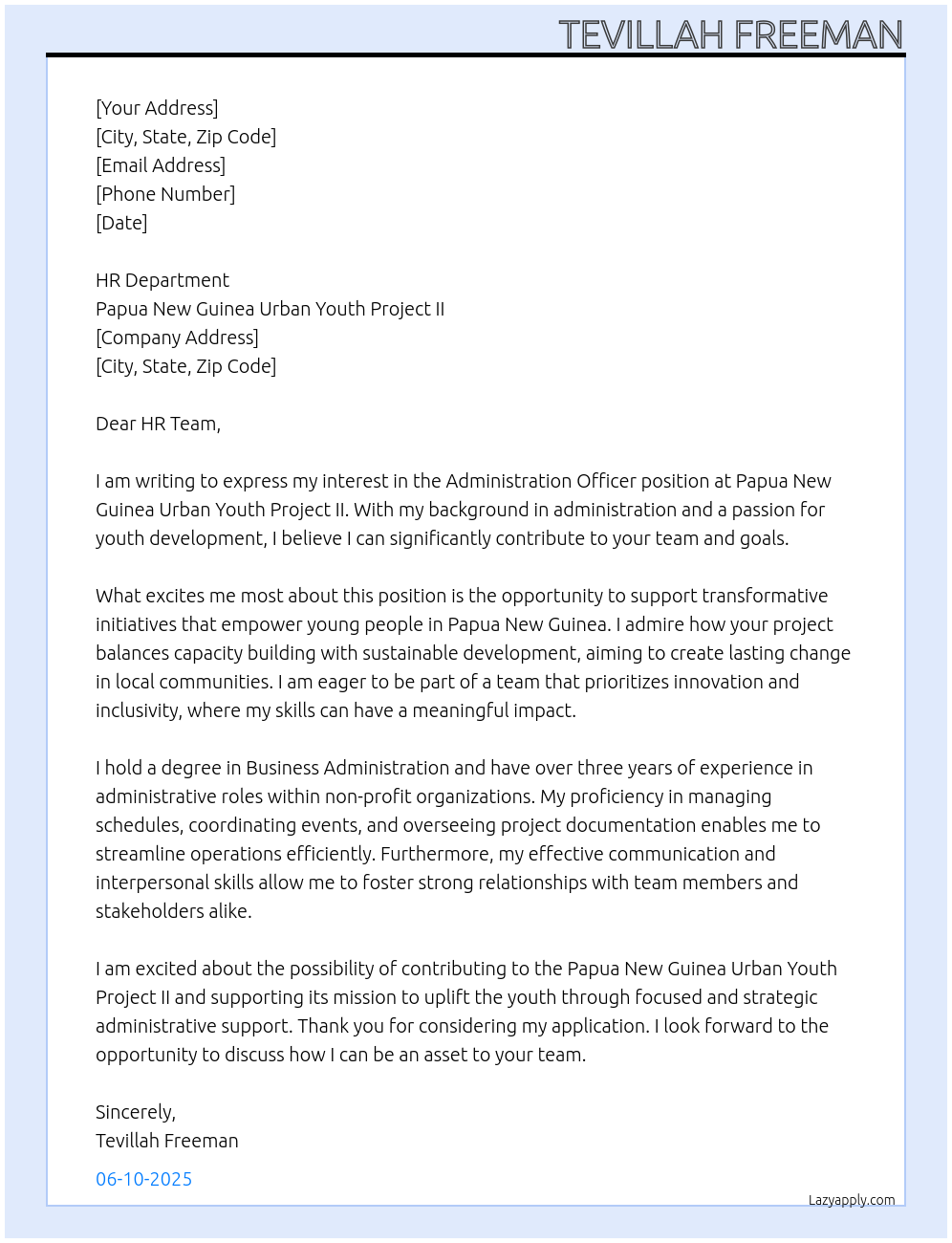 Administration officer At Papua New Guinea urban youth project ii Cover Letter