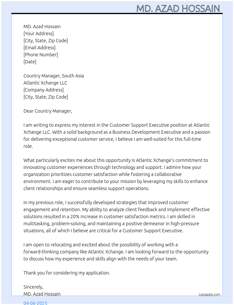 Customer Support Executive At Atlantic Xchange LLC Cover Letter
