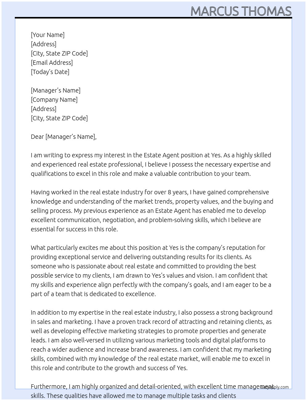 Estate agent At Yes Cover Letter