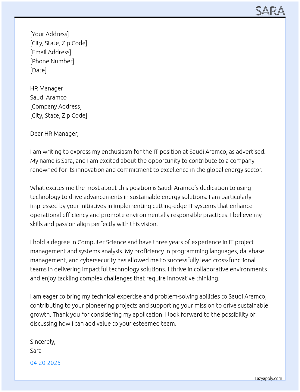 it  At saudi aramco Cover Letter