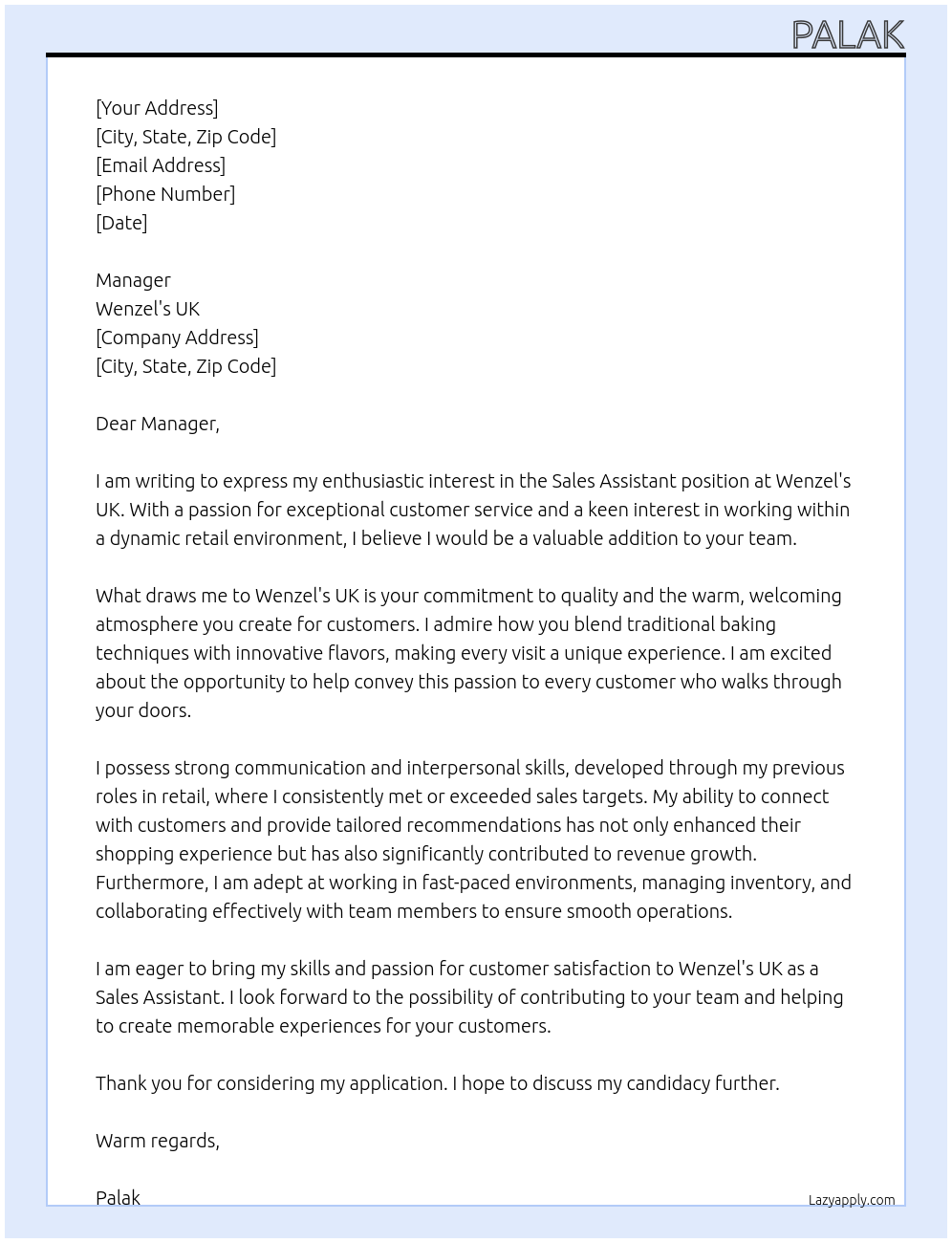 SALES ASSISTANT At WENZEL'S UK Cover Letter