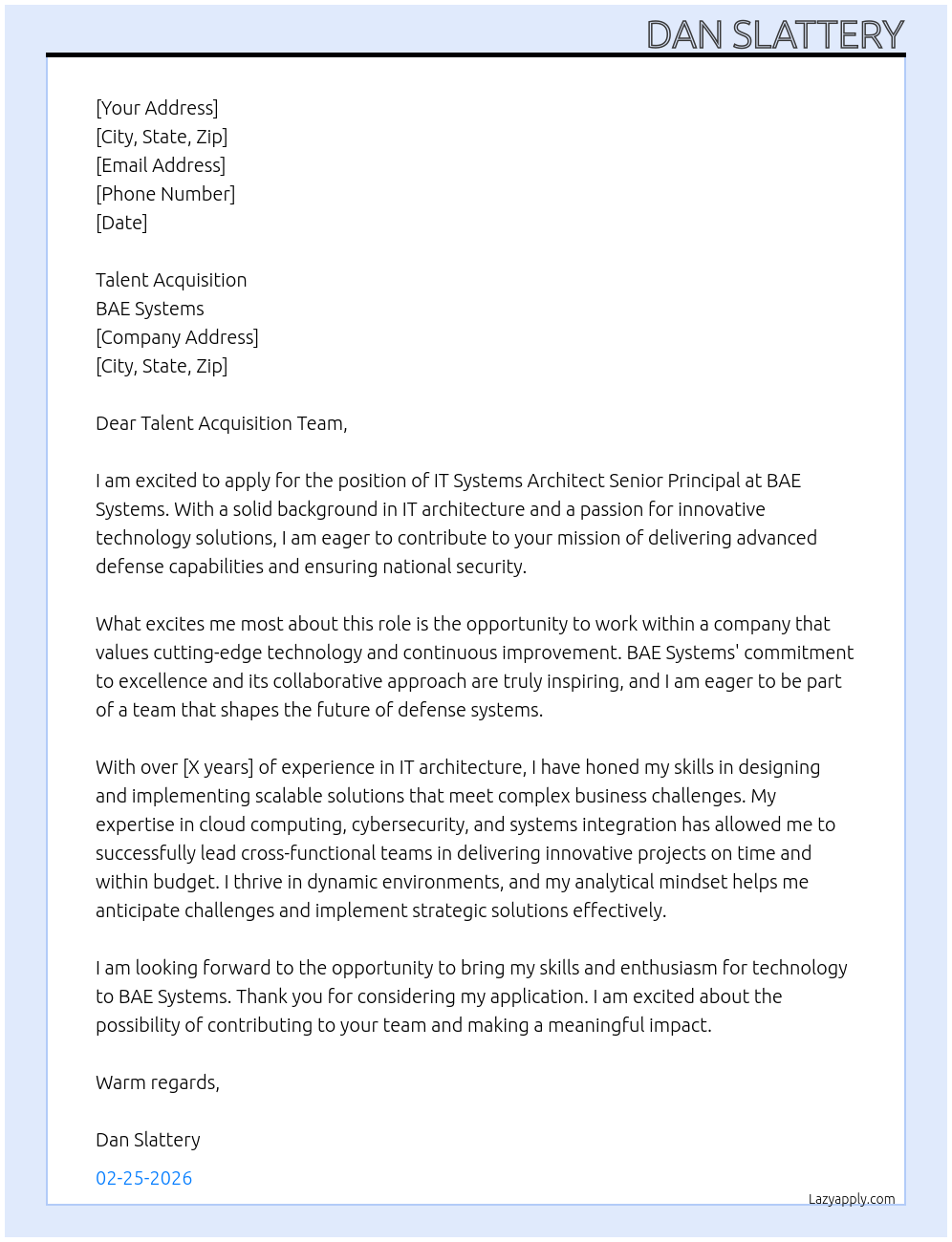 IT Systems Architect Senior Principal At BAE Systems Cover Letter