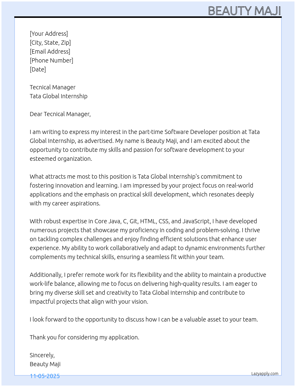 Software Developer At Tata Global Internship Cover Letter